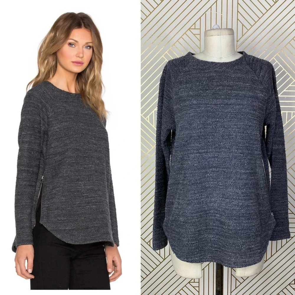 Vince Textured‎ Terry Raglan Side Zipper Sweatshirt Heather Black Gray Size XS
